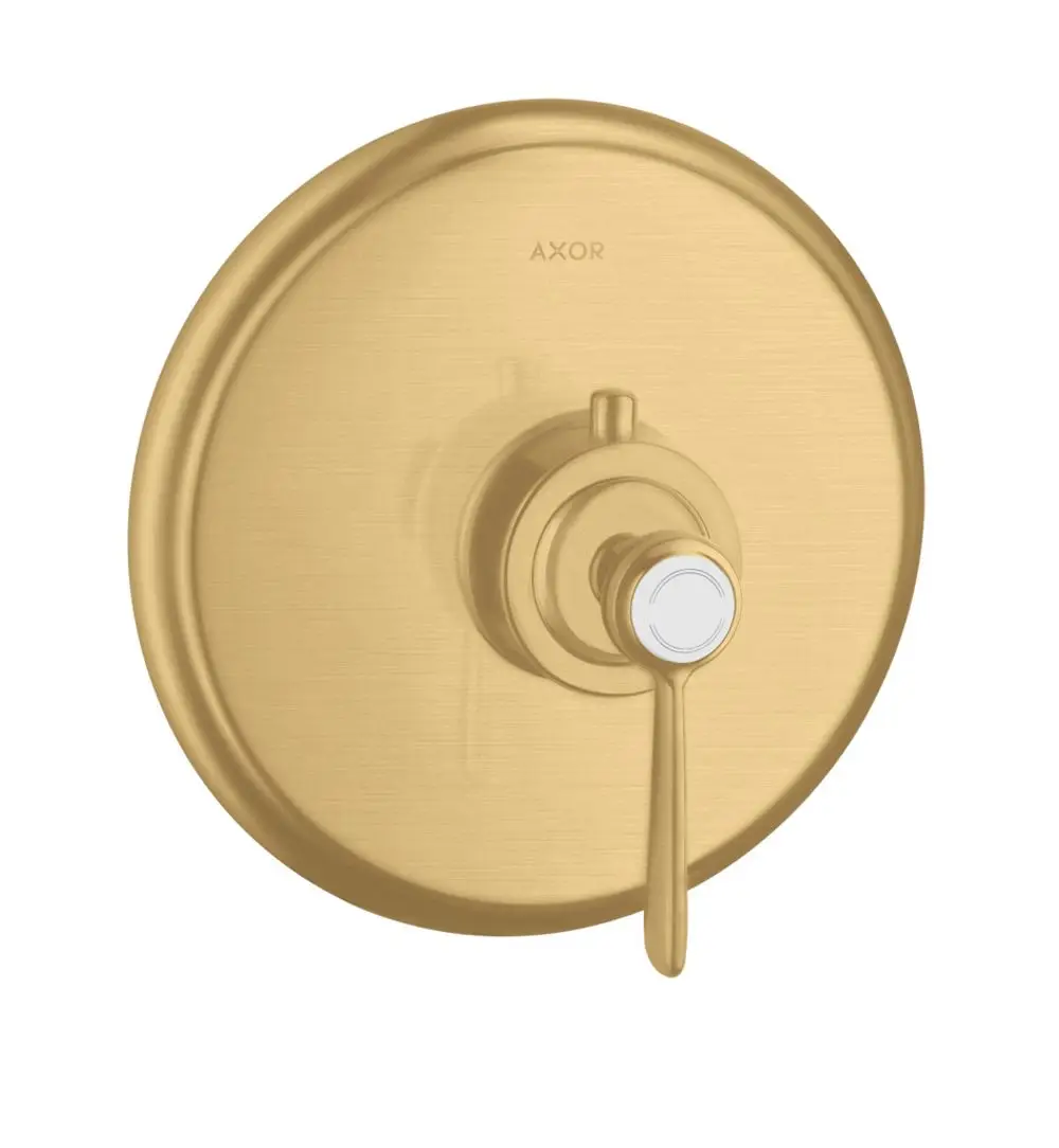 Thermostat von AXOR mit runder, goldfarbener Blende und einem Hebelgriff zur Temperatur- und Wassermengenregelung.